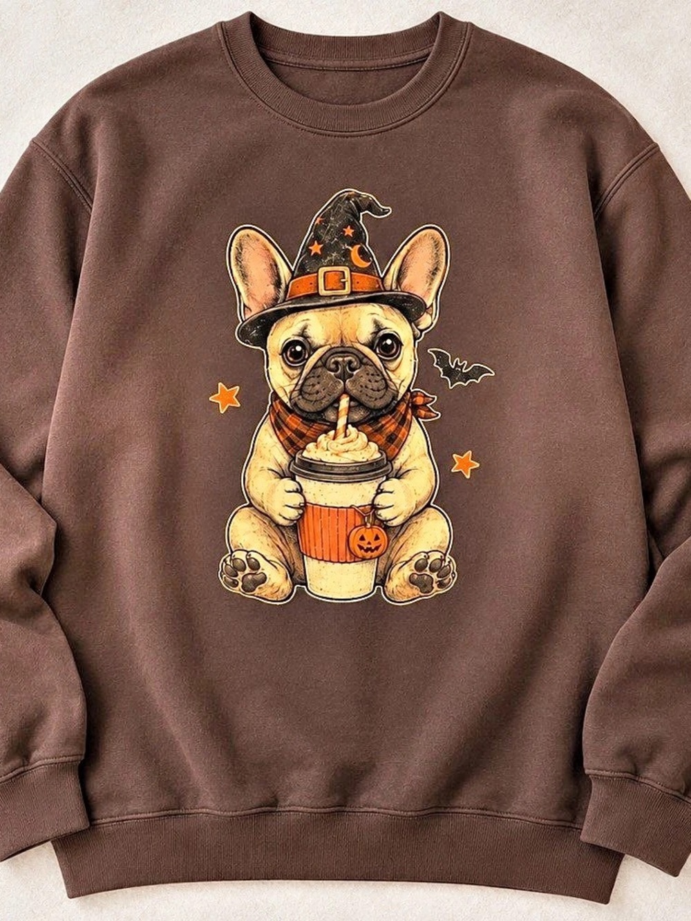 French Bulldog Coffee Pumpkin Witch Hat Halloween Vintage Brown Sweatshirt